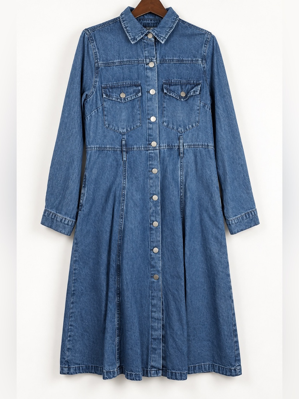 Denim Snap Front Midi Dress M Western 90s Style Fit & Flare Pockets